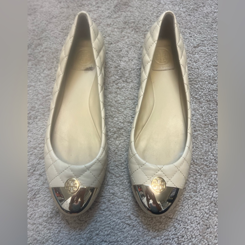 Tory Burch Cream Quilted Flats with Silver Accents